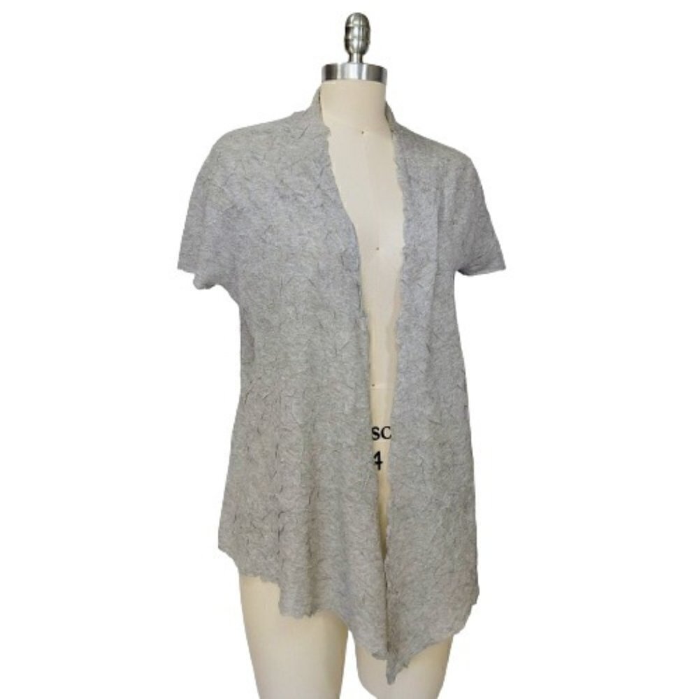 Eileen Fisher Gray Short Sleeve Metallic Crinkle Cardigan Size S Open Front